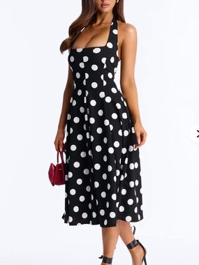 Black Polka Dot Halter Midi Dress - White Dot